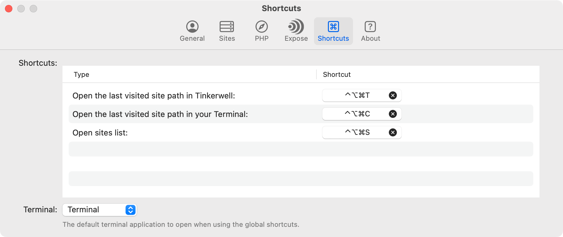 Shortcut settings of Laravel Herd