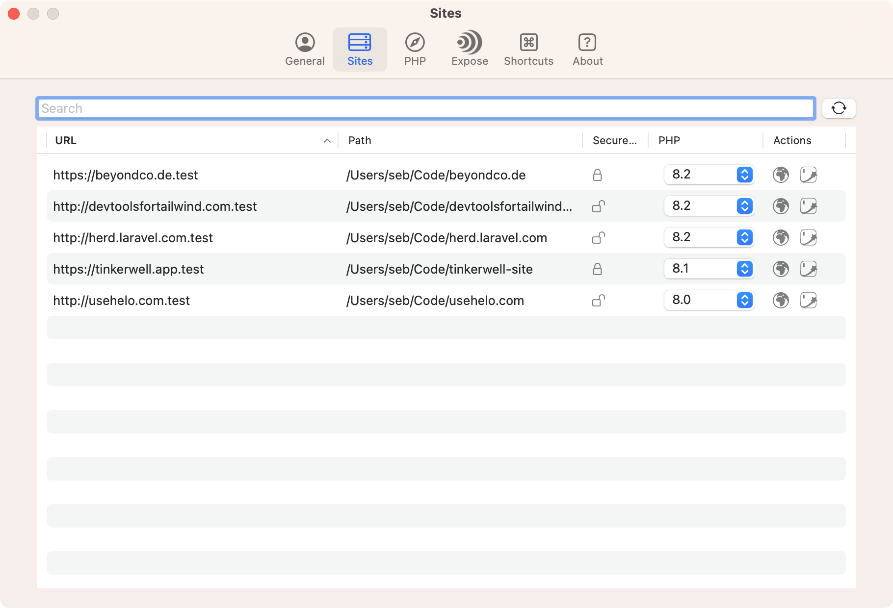 Sites settings of Laravel Herd