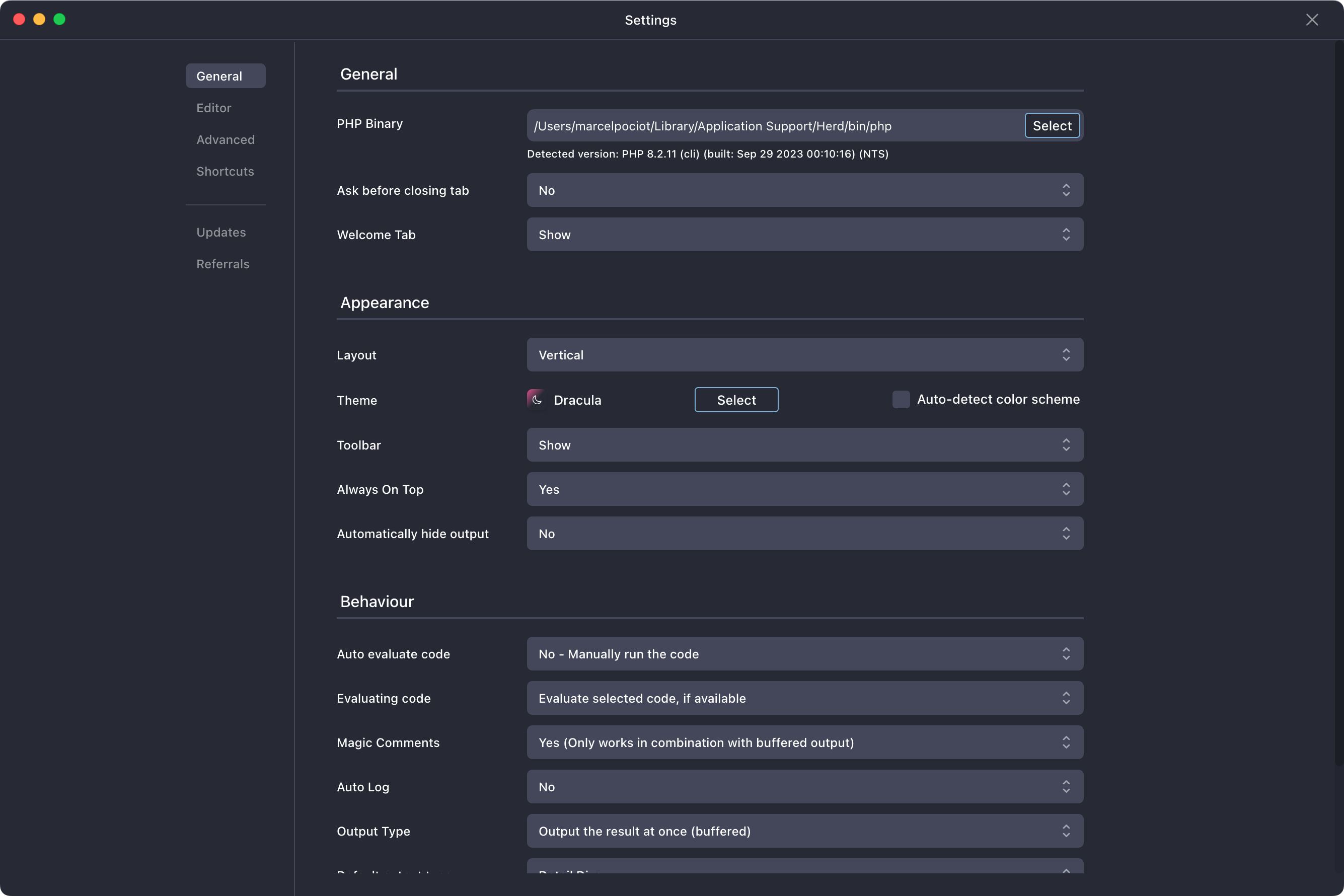 Tinkerwell settings