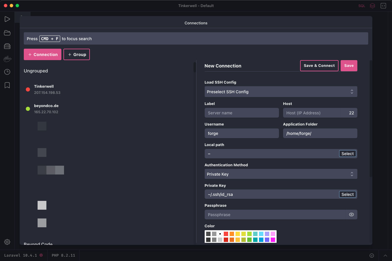 Tinkerwell SSH settings